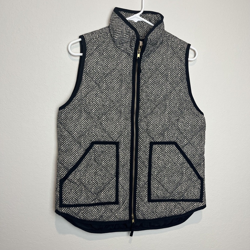 J.Crew Vest Womens Small Black White Herringbone Quilted Puffer Zip Pockets